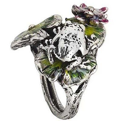 Burnished silver ring with water lilies and frog - BOTTEGA BOCCADAMO