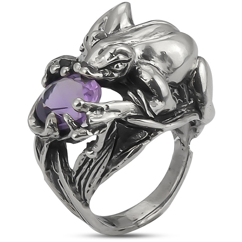 Burnished silver ring with frog and amethyst - BOTTEGA BOCCADAMO