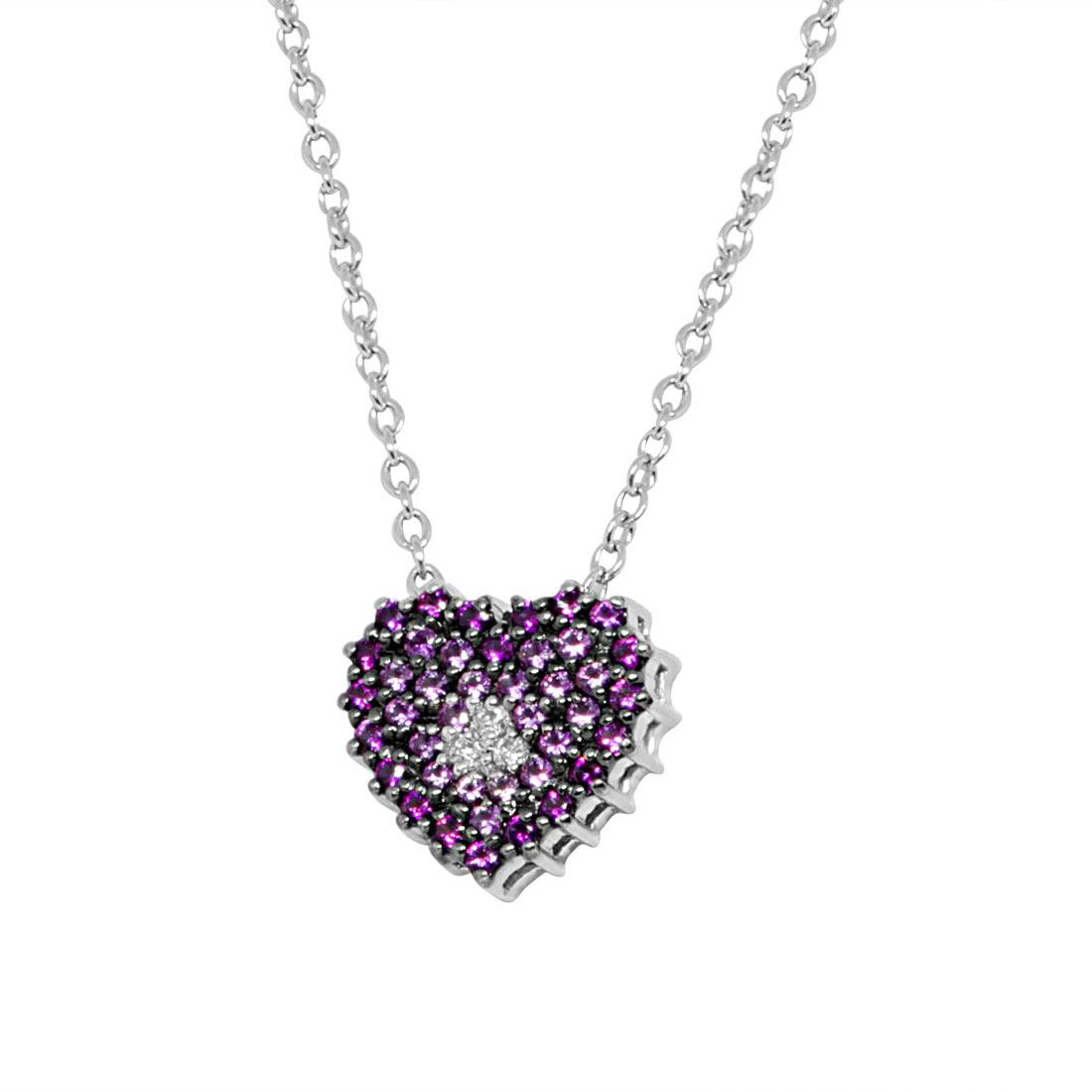 White gold necklace, heart pendant with diamonds and pink sapphires - ALFIERI & ST. JOHN