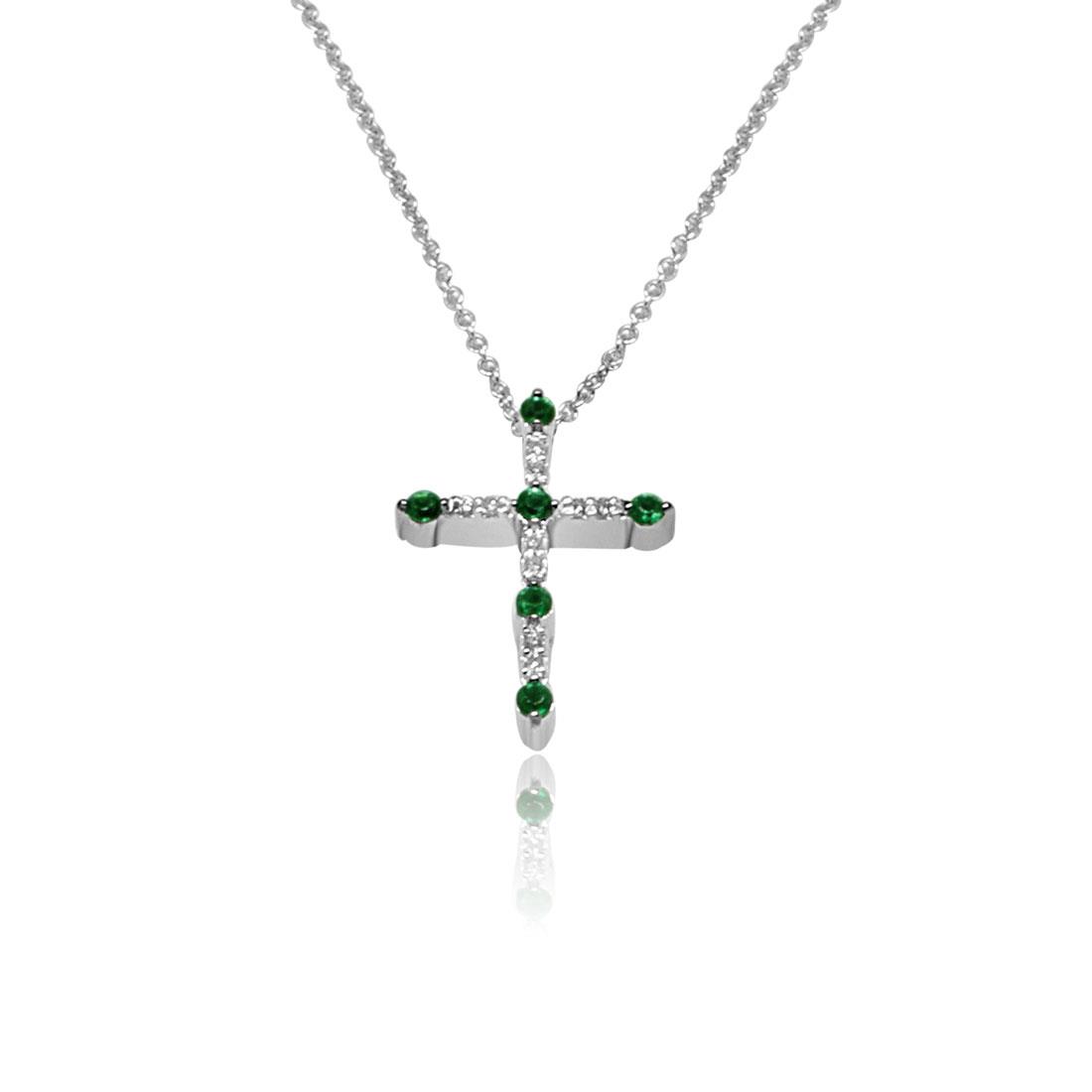 Collierino croce Alfieri & St John in oro bianco, dimanti e smeraldi   - ALFIERI & ST. JOHN