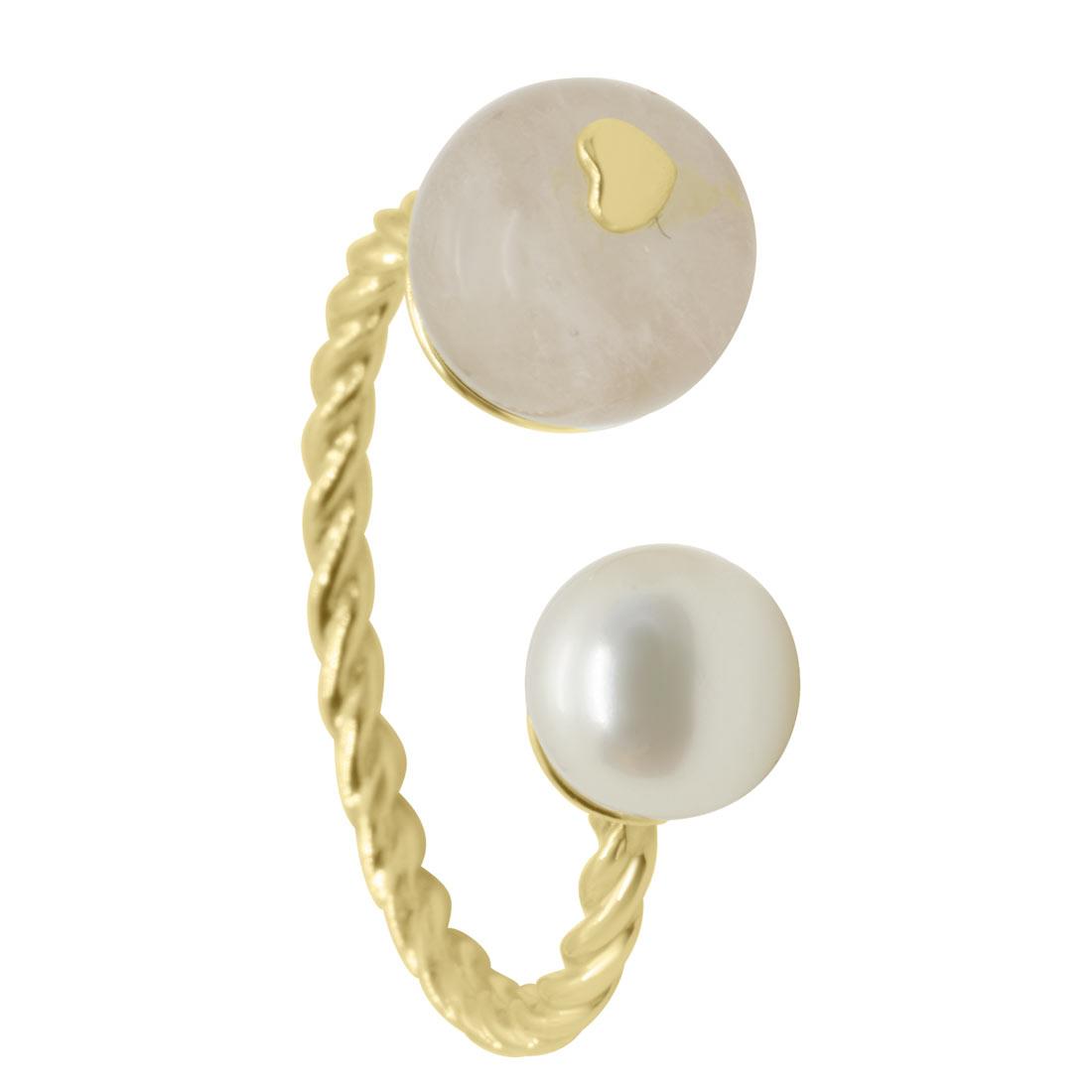 Anillo abierto en oro amarillo con perla y cuarzo rosa med 15 - ORO&CO