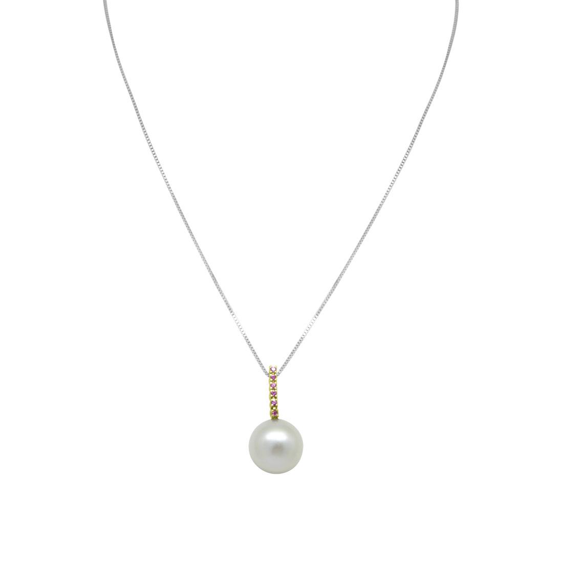  Necklace with white gold tennis pendant in  pink sapphires ct 0.04 and white pearl, length 40cm + 2 - ROBERTO DEMEGLIO