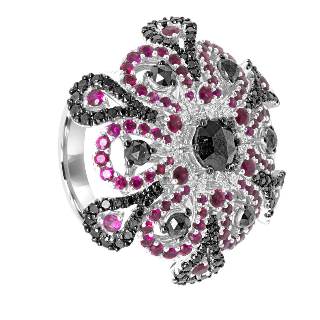 DAMIANI RING WHITE GOLD DIAMONDS BLACK & WHITE CTS 2,39 AND RUBIES CTS 