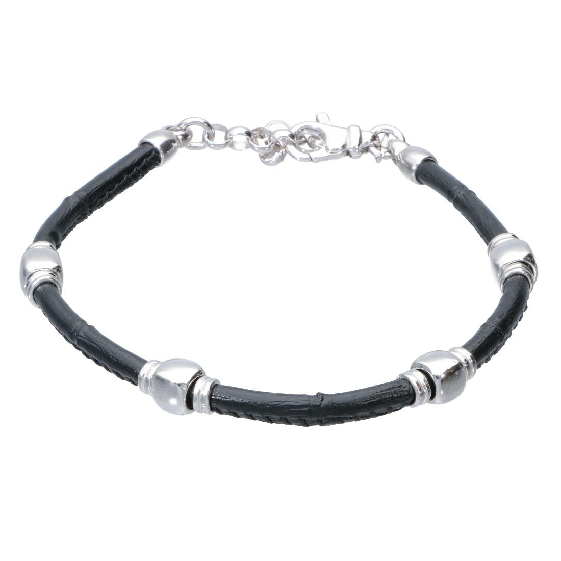 Bracciale in pelle con elementi in argento, misura 17 regolabile+ - ORO&CO 925