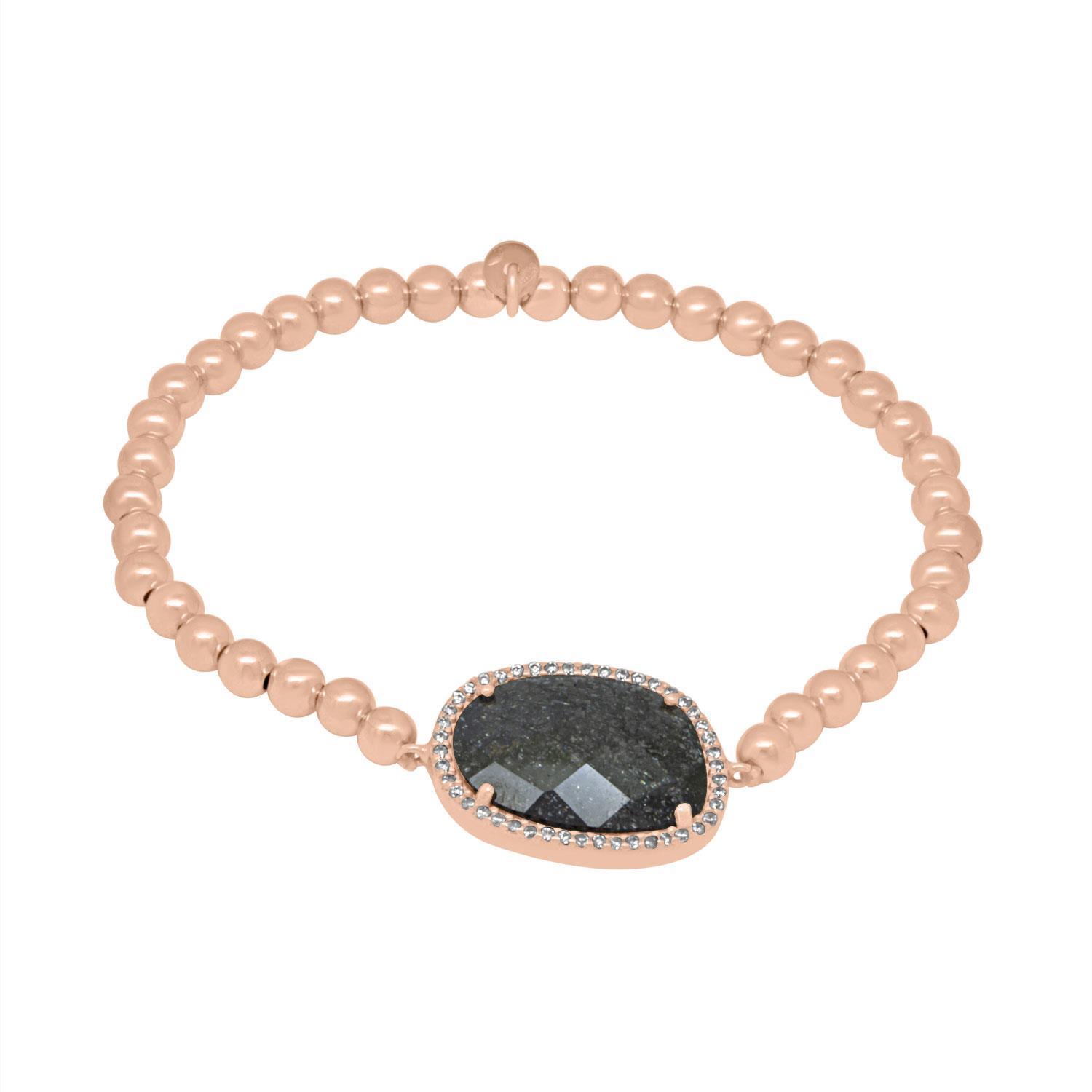 Pulsera en plata con el&aacute;stico en argemto rosado, cuarzo negro y circonitas - ORO&CO 925
