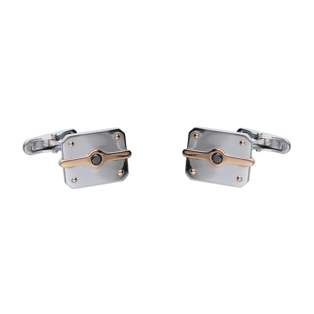  Cufflinks in pink and white gold, polished steel with 0.14 ct black diamonds - BARAKA