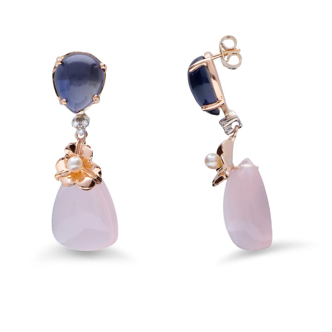 Orecchini in oro con perle, iolite, quarzo rosa e diamanti ct 0.05 - STANOPPI