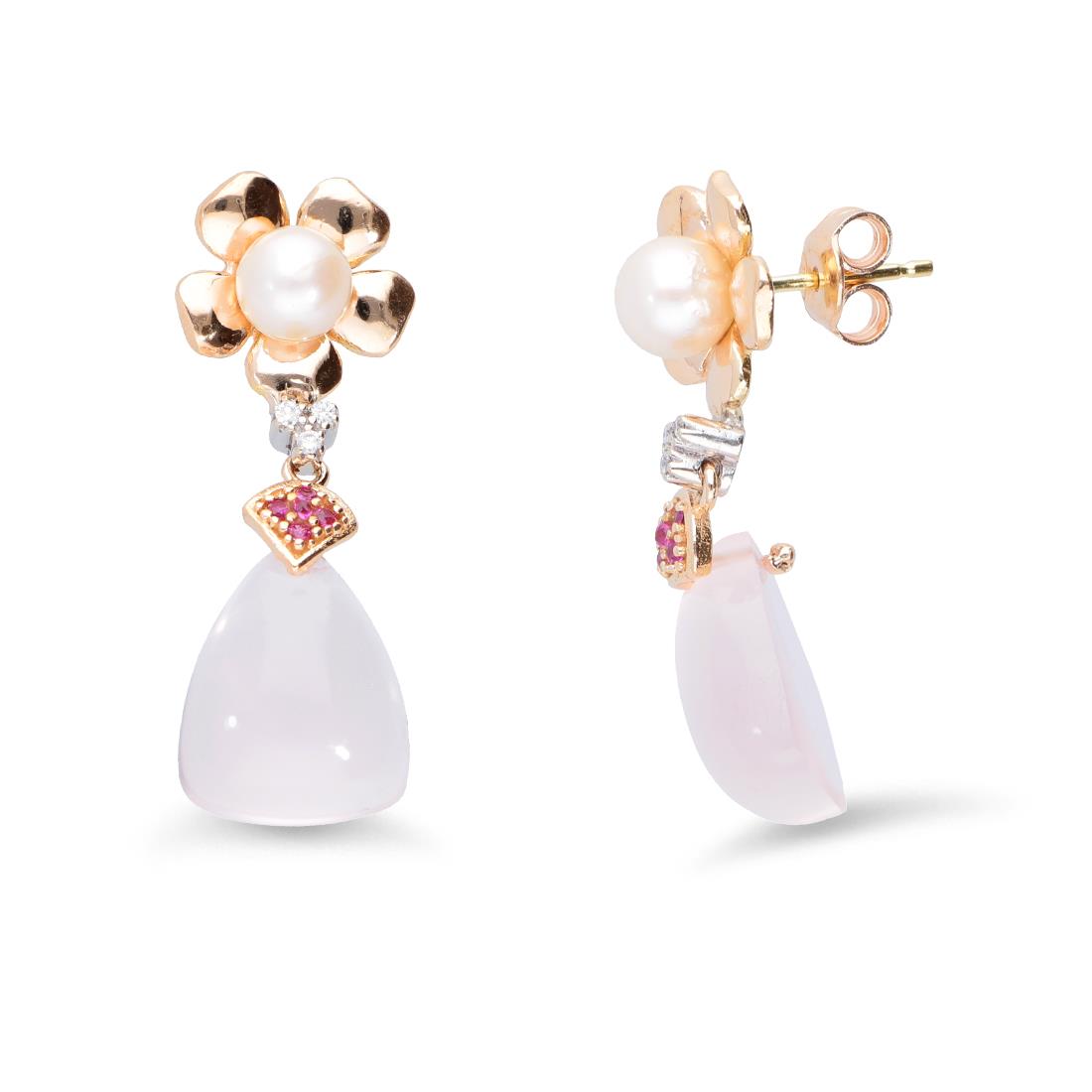 Orecchini in oro con perle, quarzo rosa, rubini e diamanti ct 0.06 - STANOPPI