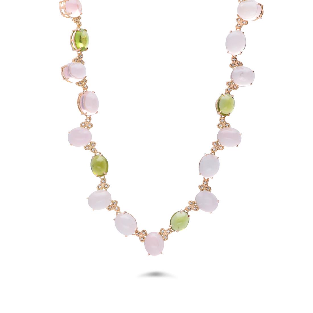 Necklace in gold with pink quartz, peridot and diamonds ct 0.70 - STANOPPI