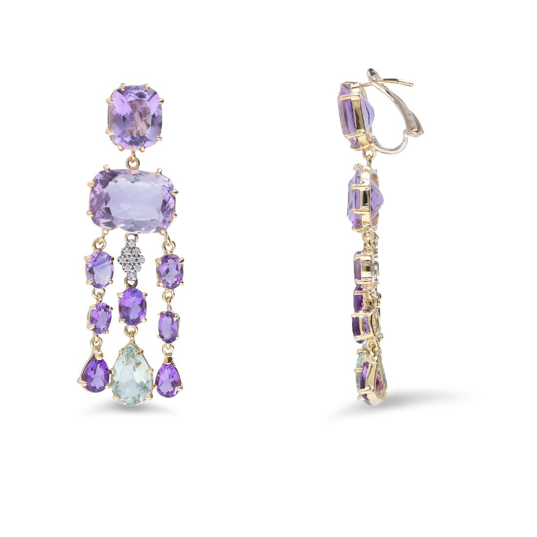 Pendant earrings in gold with prasiolite, amethyst and diamonds ct 0.18 - STANOPPI