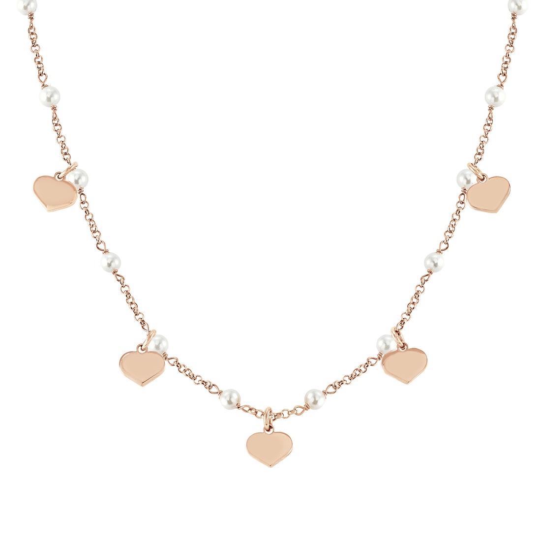 Collar de acero y plata con perlas y colgantes de corazón - NOMINATION