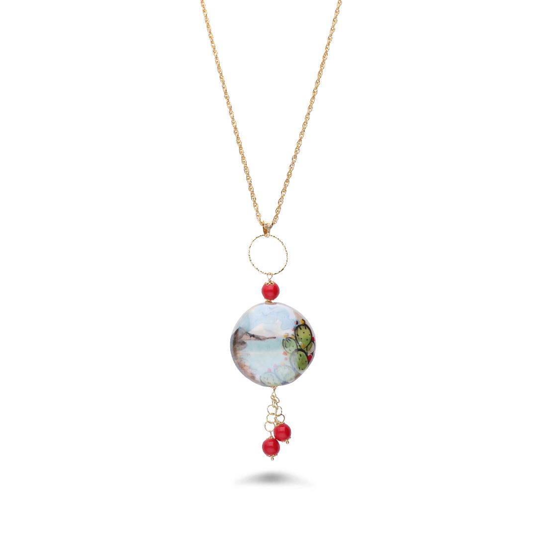Silver necklace with hand painted ceramic with mountain - LE PERLE DI CALTAGIRONE