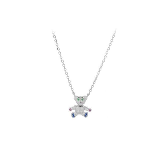 Necklace in silver and white and colored zircons Teddy Bear measures 43cm - CUORI MILANO