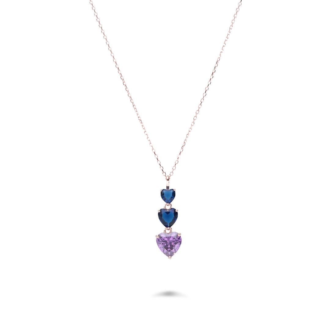 Collana argento con tris cuori blu e viola - ORO&CO 925