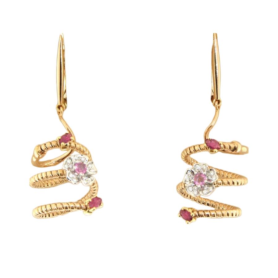 Pendiente de oro rosa y oro blanco con zafiro rosa, rubíes y diamantes - GOLD ART