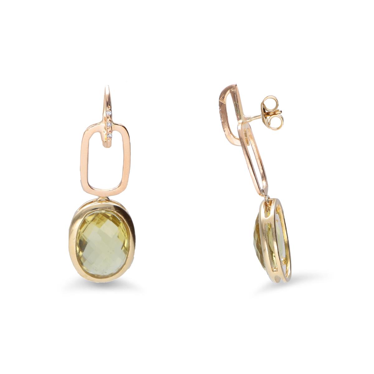 Gold pendant earrings with lemon quartz and diamonds - STANOPPI