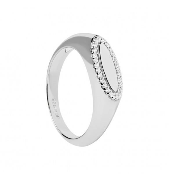 Essentials Lace stamp ring in silver with flat base and decorated with white zircons - PDPAOLA