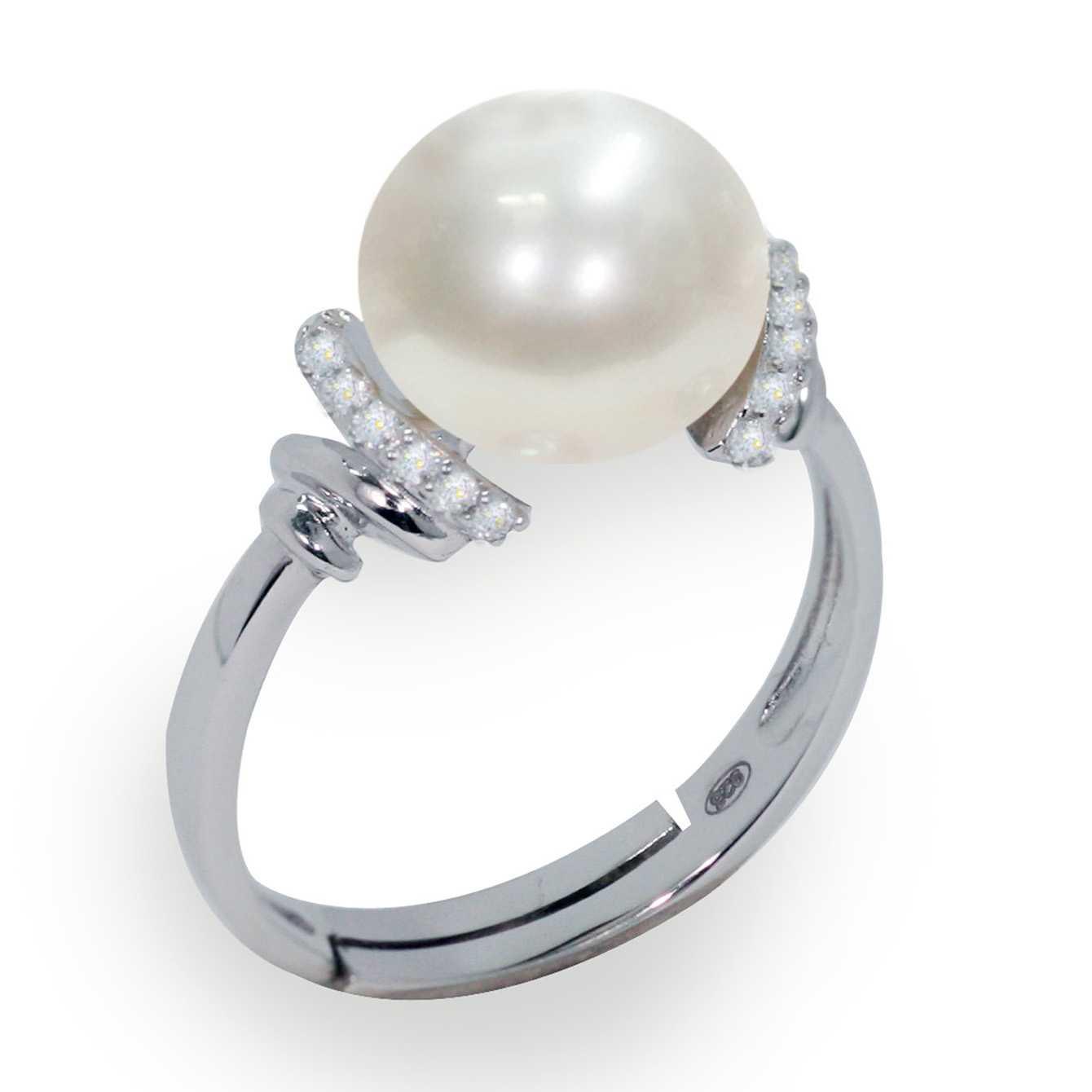 Anello in argento con perla piena perlagione button e zirconi - MAYUMI
