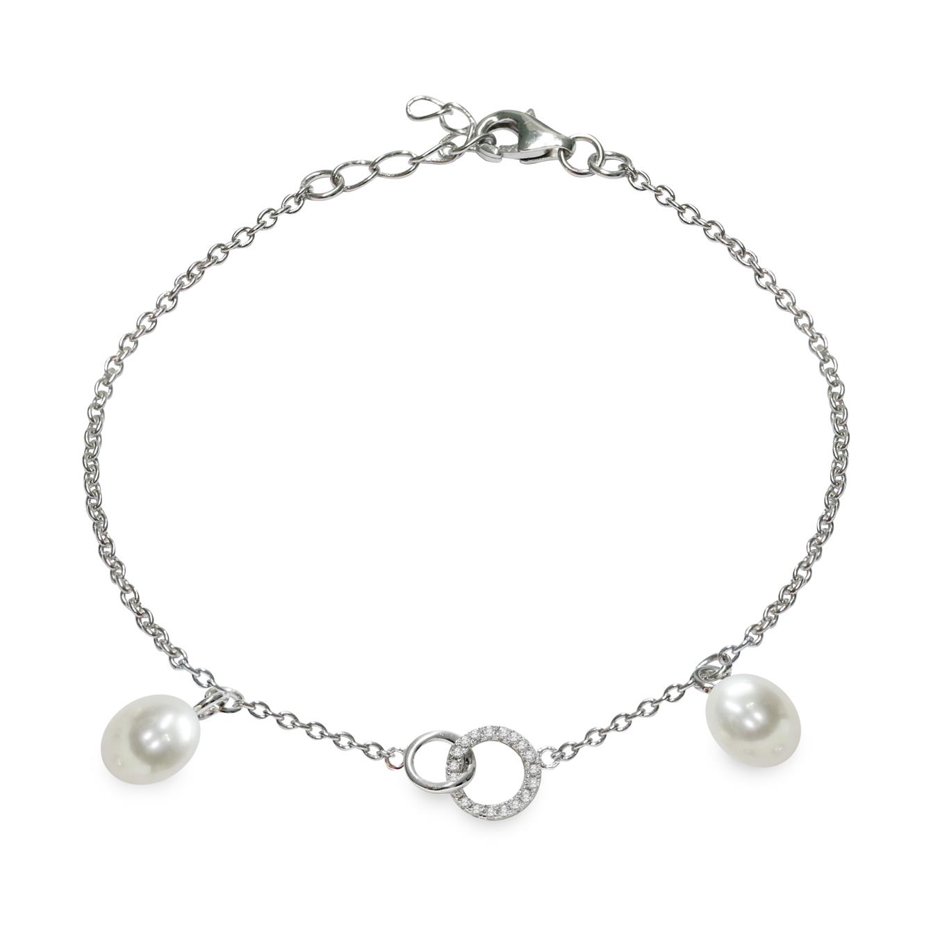 Bracciale in argento con due perle piena perlagione drop pendenti e zirconi - MAYUMI