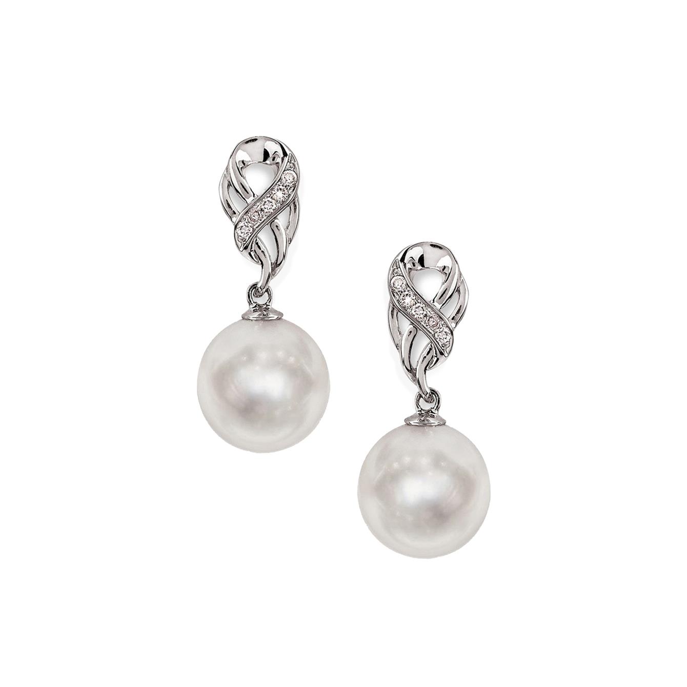 Orecchini pendenti in oro bianco 18kt con perla piena perlagione e diamanti - MAYUMI