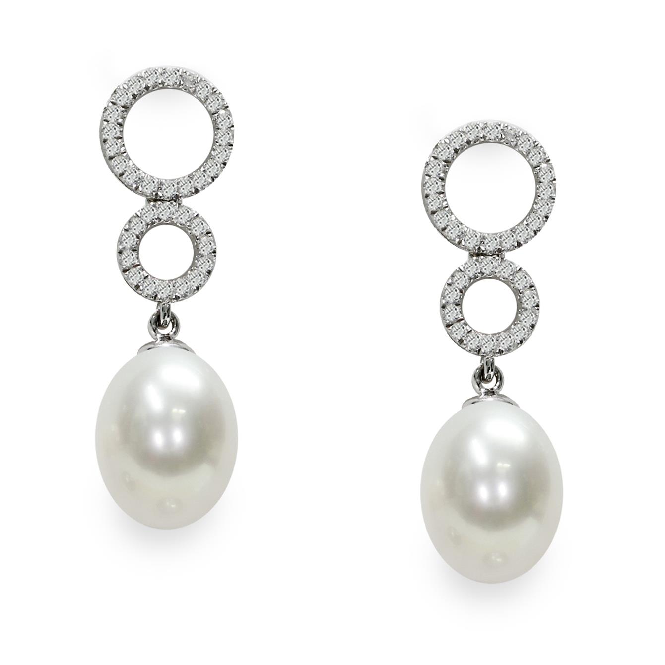 Silver pendant earrings with full pearlescent pearls and zircons - MAYUMI