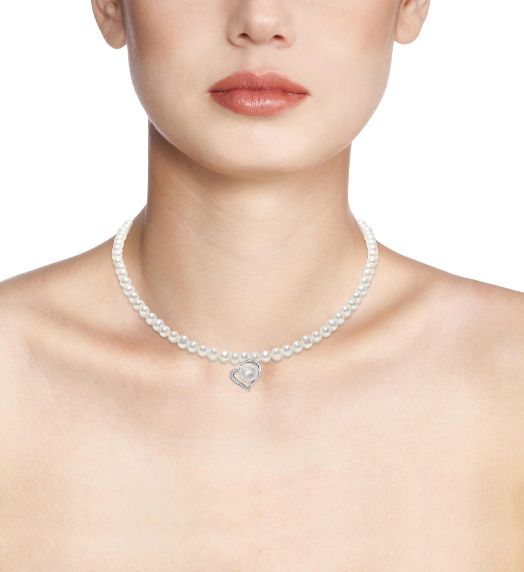 Collana in oro bianco 18kt con perle piena perlagione e cuore pendente e diamanti - MAYUMI