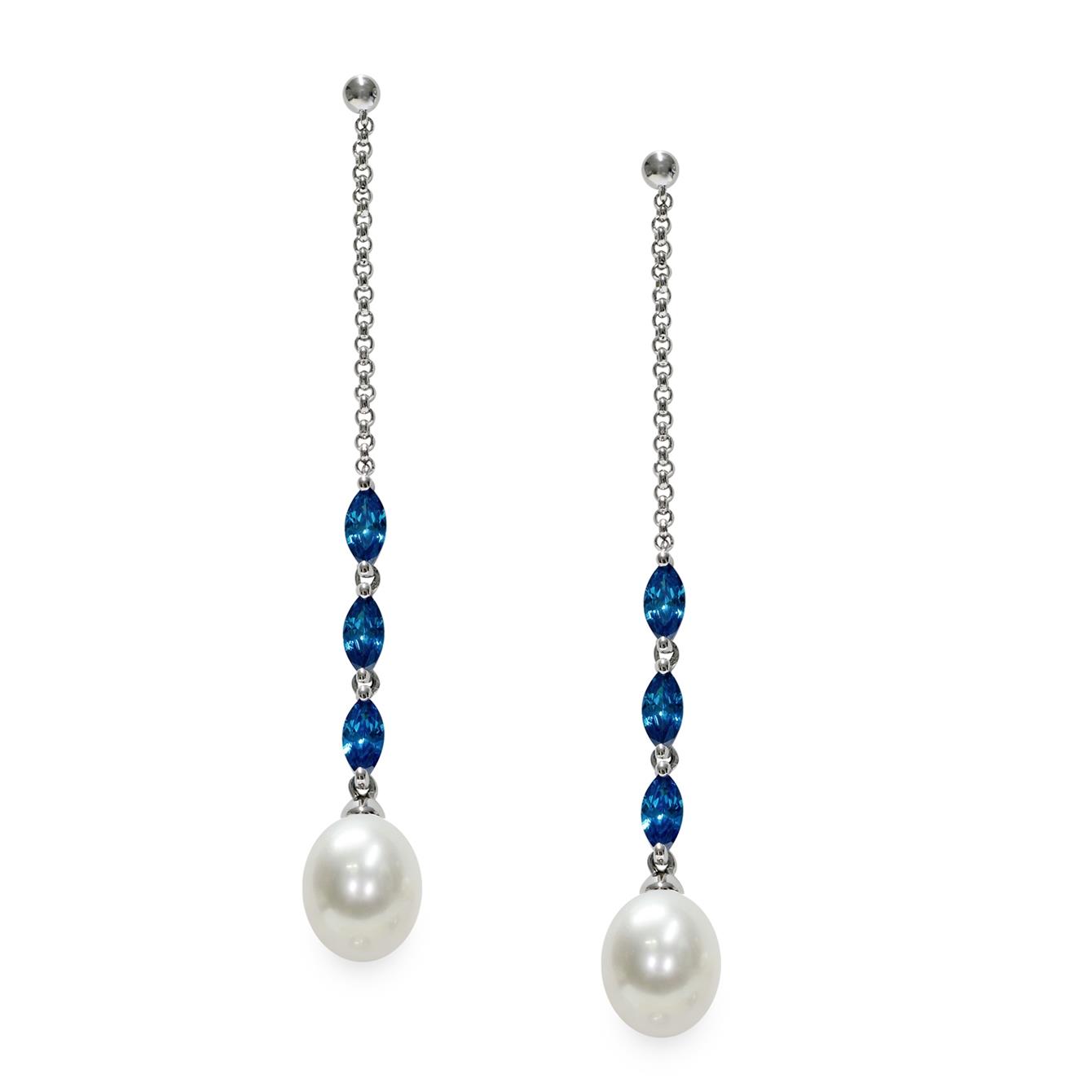Silver pendant earrings with full pearl and zircons - MAYUMI