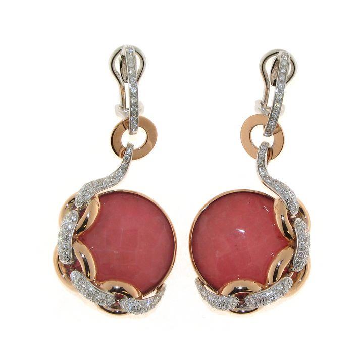 Gold pendant earrings with rhodonite and diamonds - GOLD ART