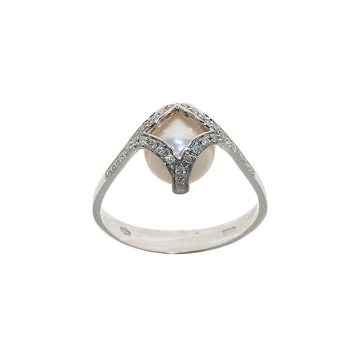 White gold ring with diamonds and pearl - GOLD ART