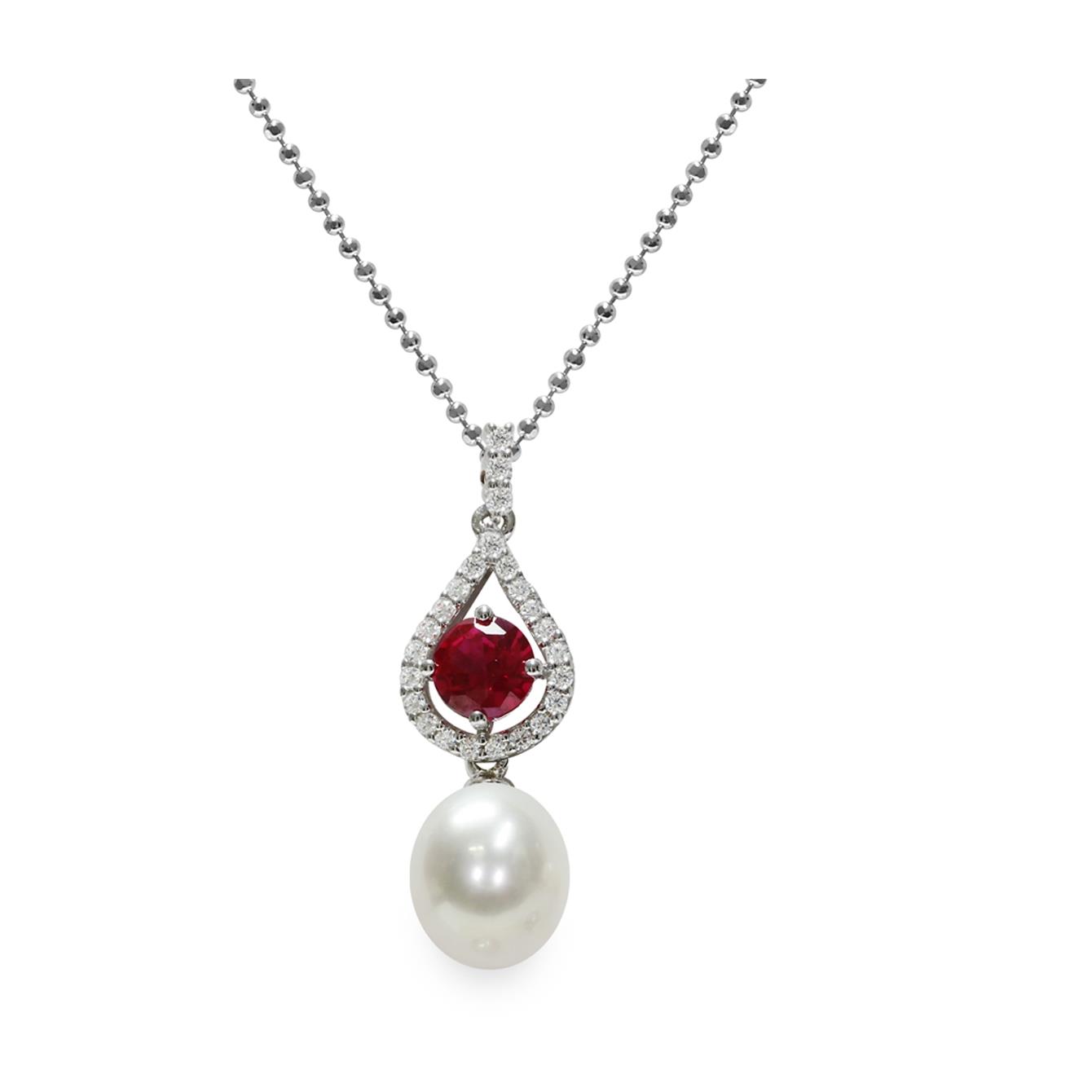 Collana con pendente perla, zirconi e rubino sintetico - MAYUMI