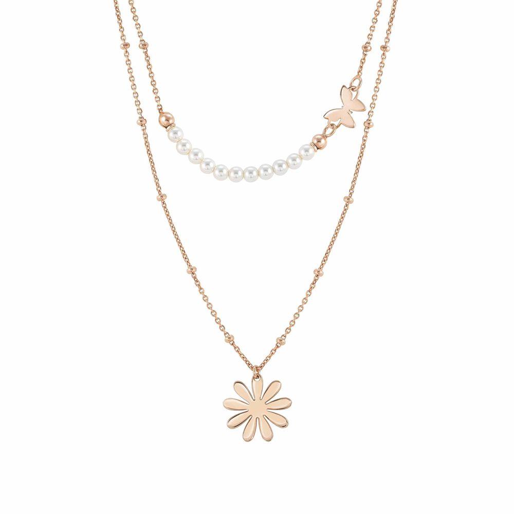 Melodie double strand necklace in pink silver with pearls and flower - NOMINATION