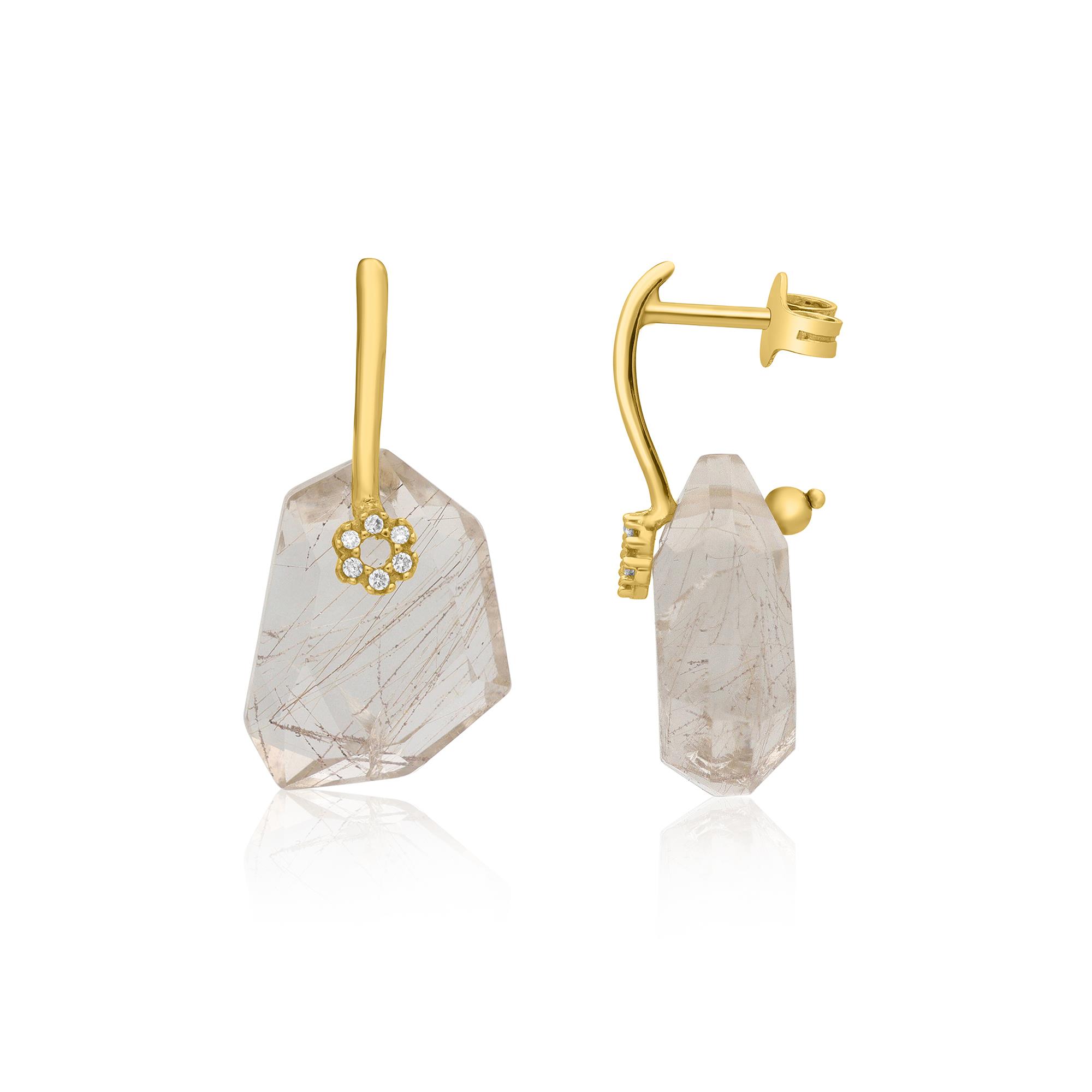 Pendientes en oro amarillo con cuarzo rutilado y diamantes 0.06ct - STANOPPI