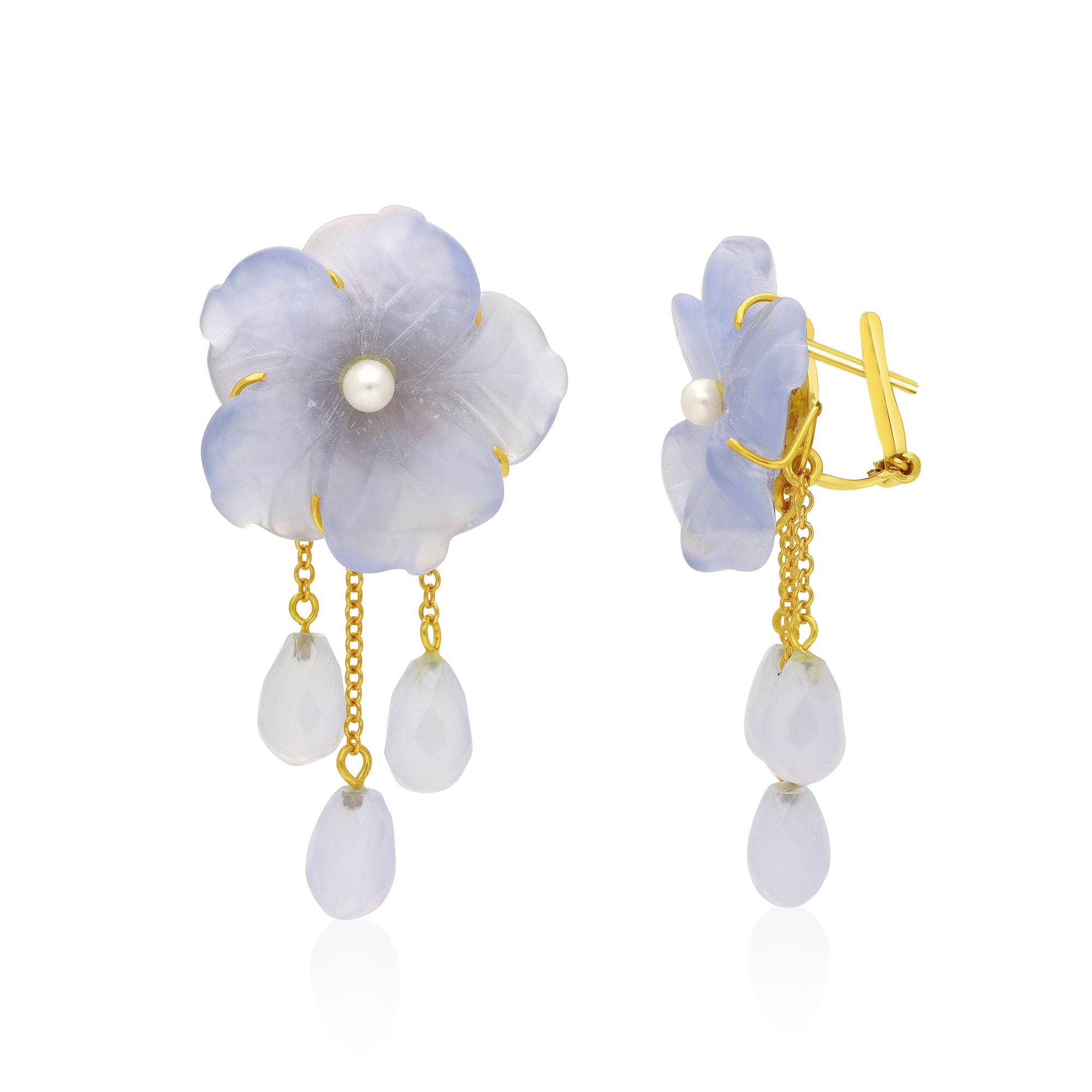 Pendientes en oro amarillo con calcedonia cortada en flor y gotas de perla blanca - STANOPPI