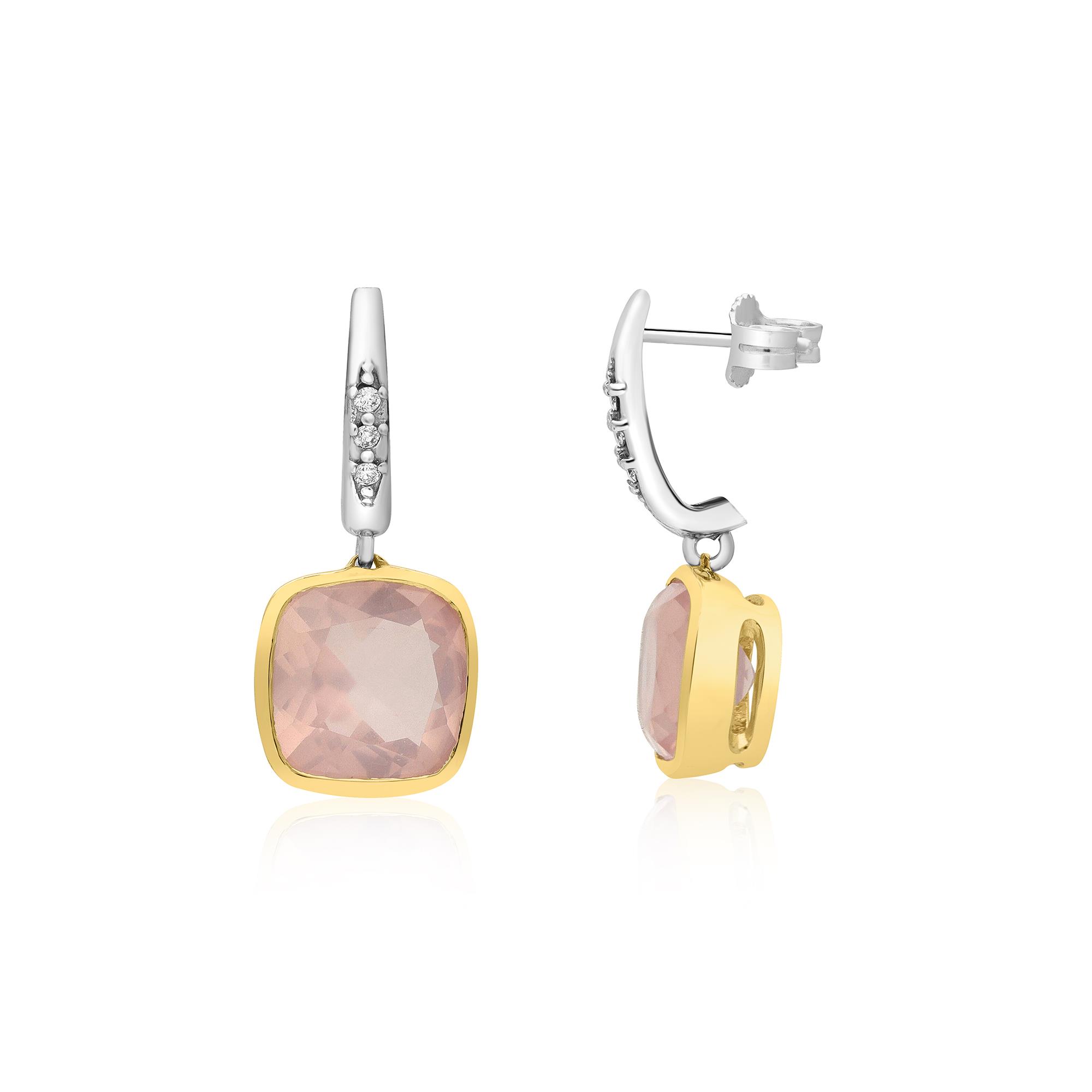 Pendientes en oro amarillo y blanco con cuarzo rosa y diamantes 0.06ct - STANOPPI