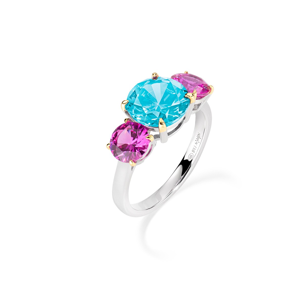 Anello in argento 925 rodiato con zirconi turchesi e fucsia - AMEN