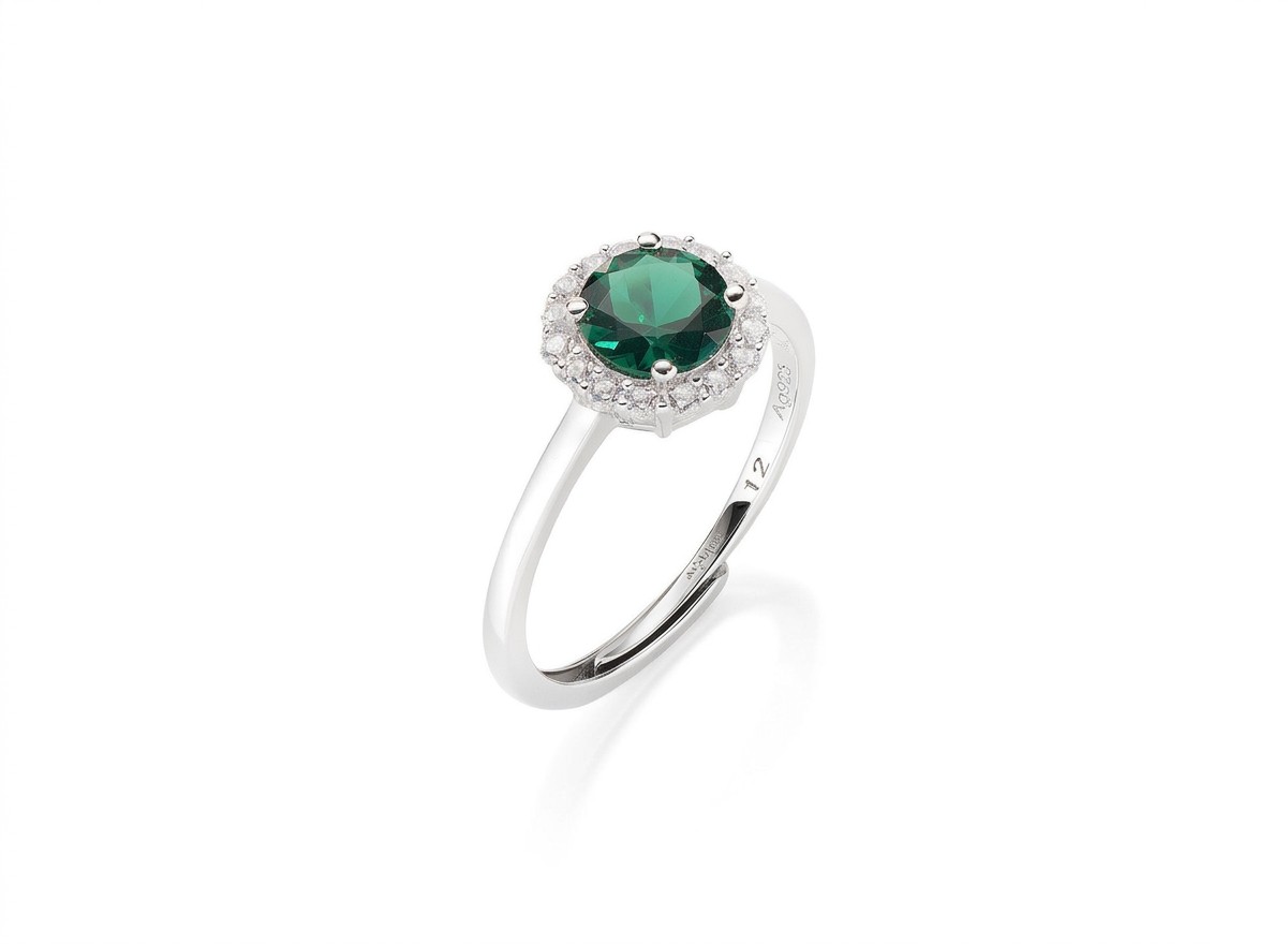 Silver ring with white zirconia stones and green zirconia stone - AMEN