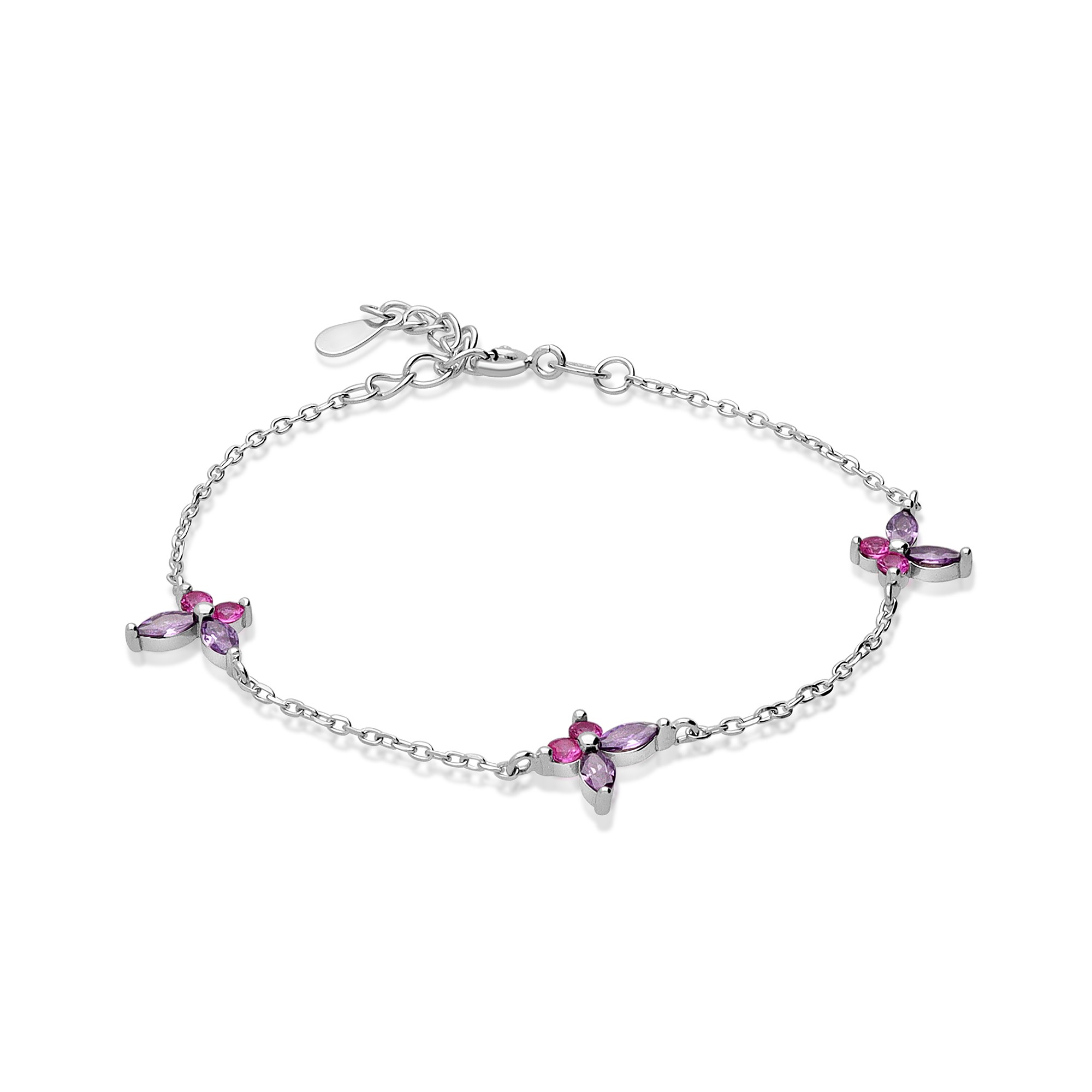 Silver bracelet with butterflies and fuchsia and purple zircons - LUXURY MILANO