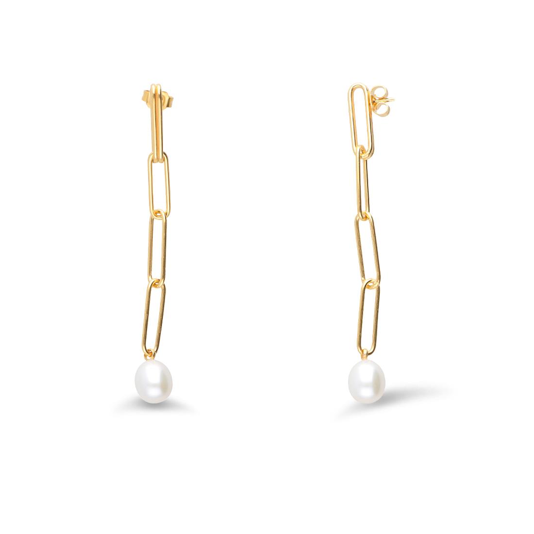 Orecchini pendenti con catena e perla fresh water bianca - MAYUMI