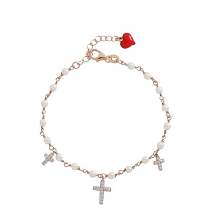 Rose silver bracelet with pearls and cross charms - CUORI MILANO