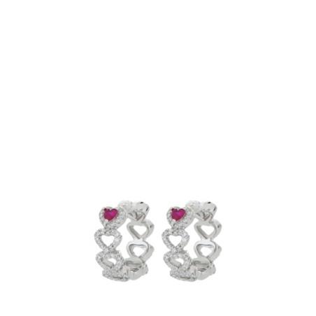 Frozen Queen hoop earrings in rhodium-plated silver with hearts decorated with zircons and ruby - CUORI MILANO