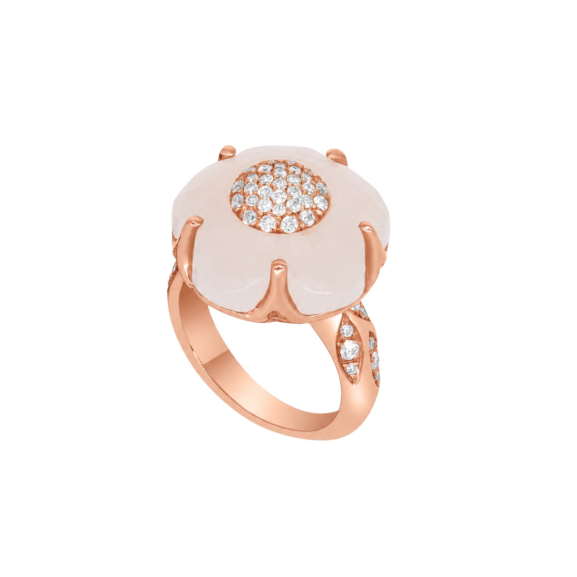 Sortija floral Bon Ton Classic en oro rojo con diamantes y cuarzo blanco - PASQUALE BRUNI