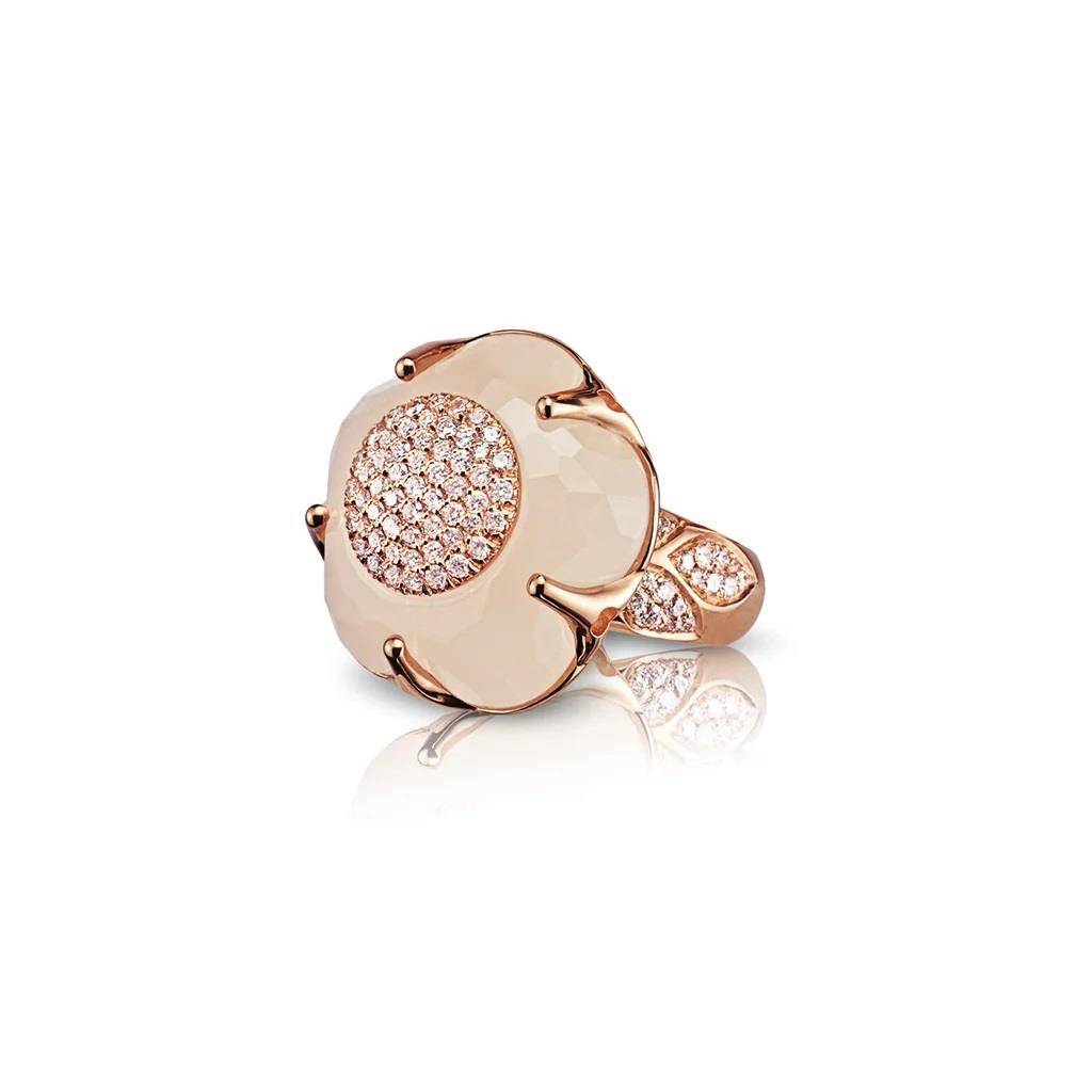 Bon Ton Classic flower ring in red gold with diamonds and white quartz - PASQUALE BRUNI