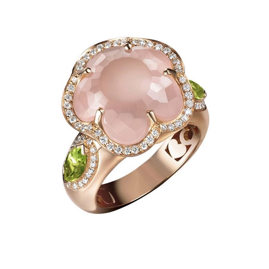 Anello fiore Bon Ton in oro rosso con diamanti, quarzo rosa e peridoto - PASQUALE BRUNI