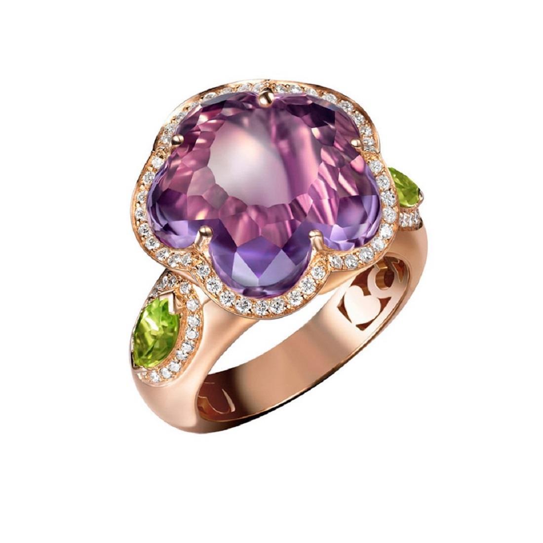Bon Ton flower ring in red gold with diamonds, amethyst and peridot - PASQUALE BRUNI