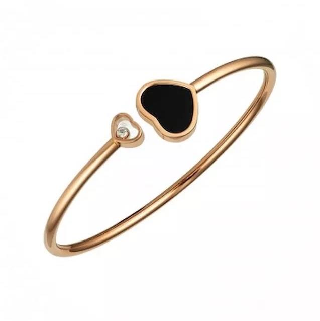 Bracciale rigido Happy Hearts in oro rosa con onice nera e diamanti - CHOPARD
