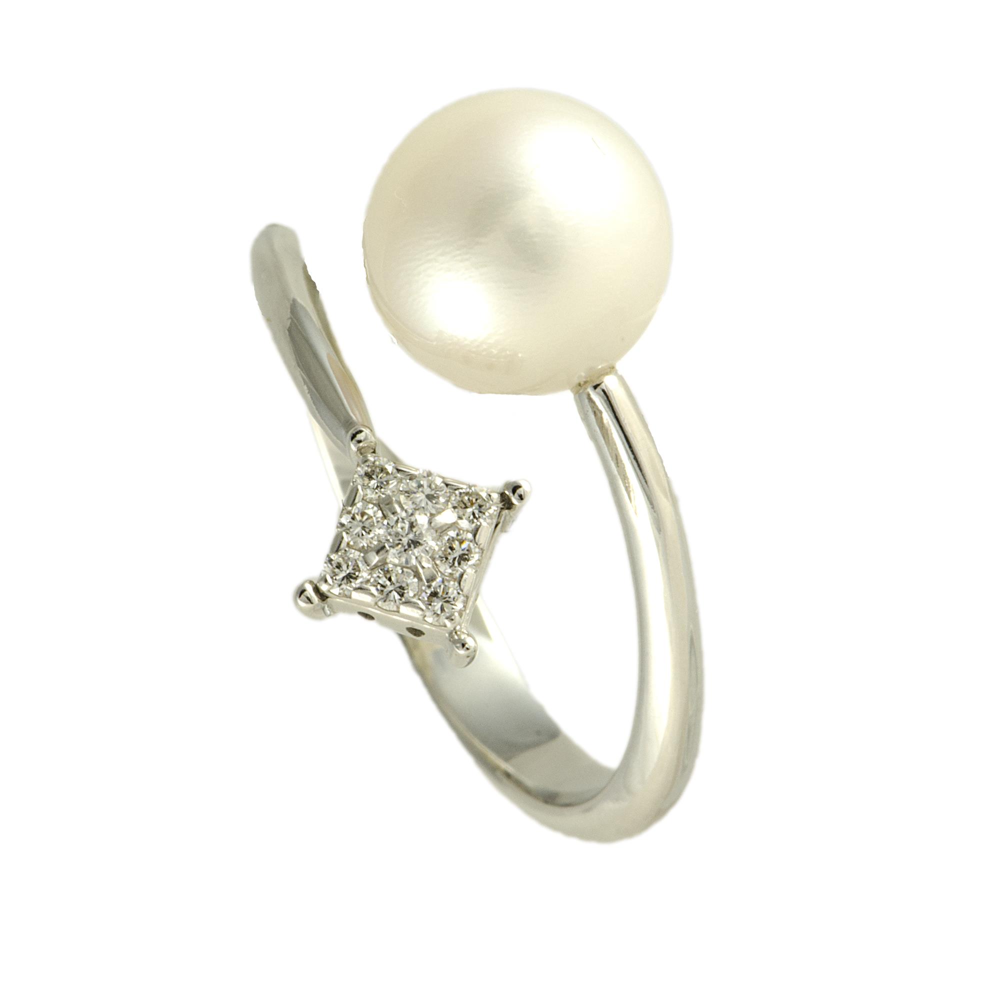 Anello in oro bianco con diamanti ct 0.10 e perla ,misura 16 - ROBERTO DEMEGLIO