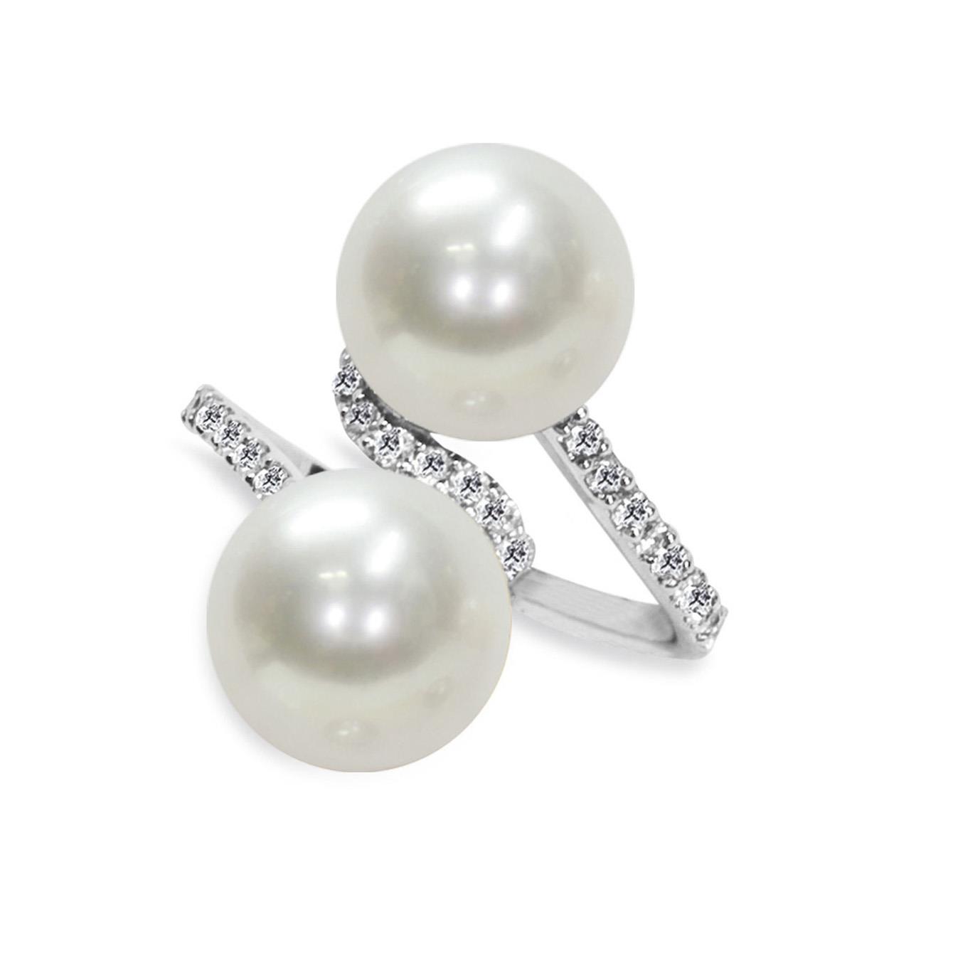 Anello in oro con doppia perla e diamanti ct. 0,30 - MAYUMI