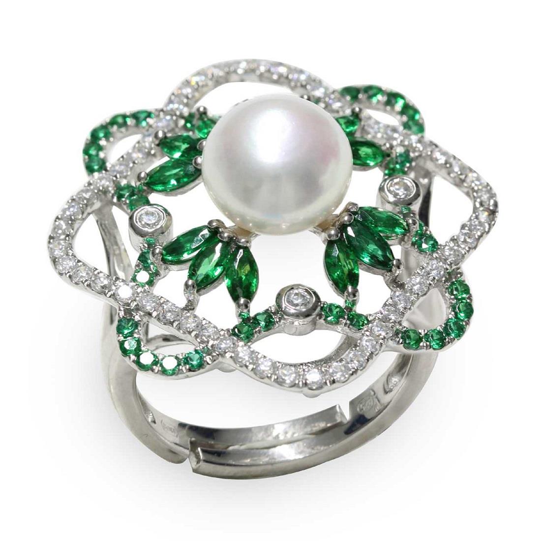 Anello con perla fresh water e zirconi bianchi e verdi - MAYUMI