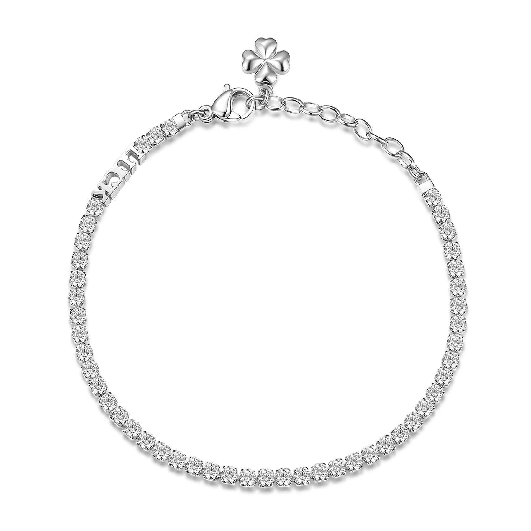 Bracciale tennis Desideri in acciaio con zirconi bianchi e quadrifoglio - BROSWAY