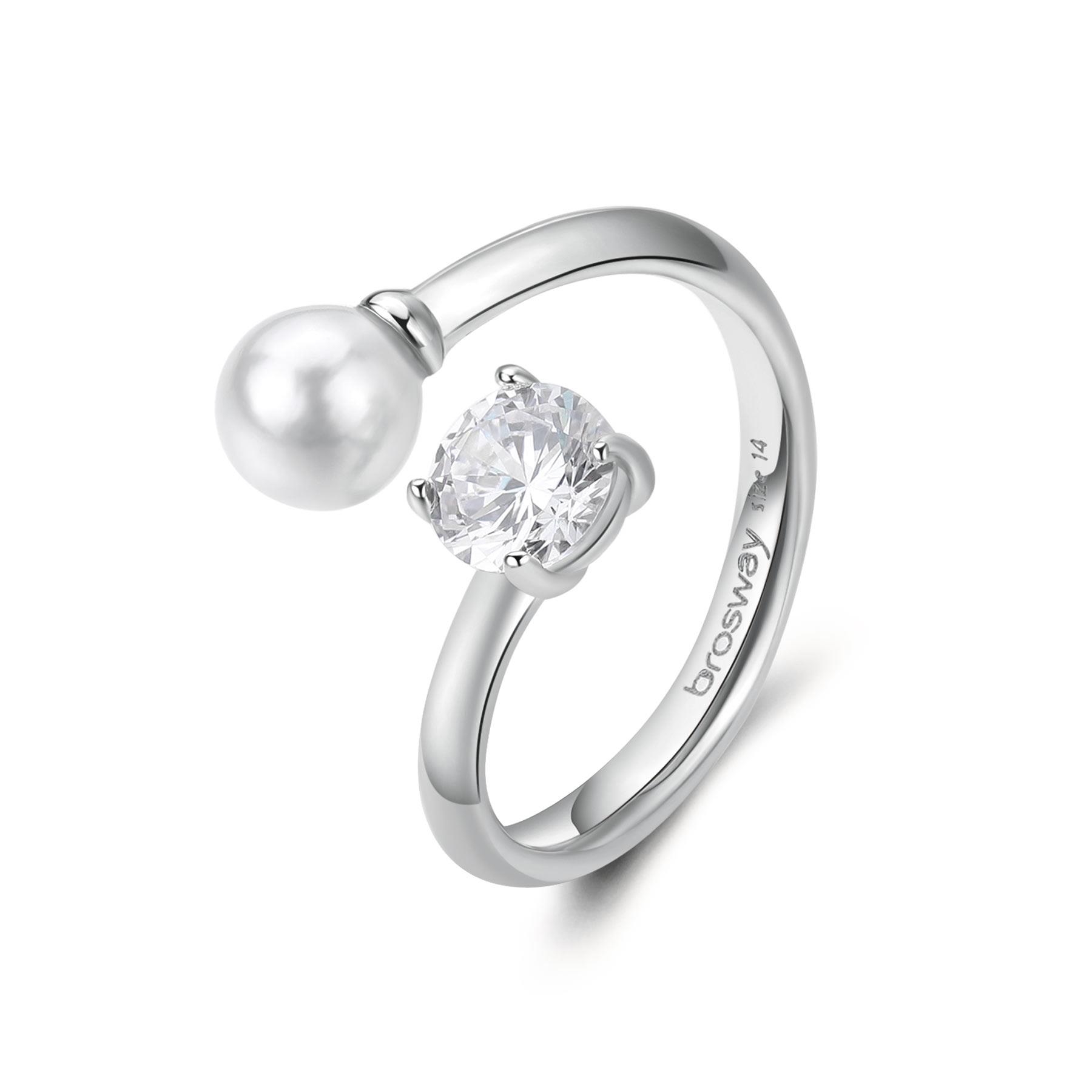 Affinity ring in steel with cubic zirconia and white pearl - BROSWAY